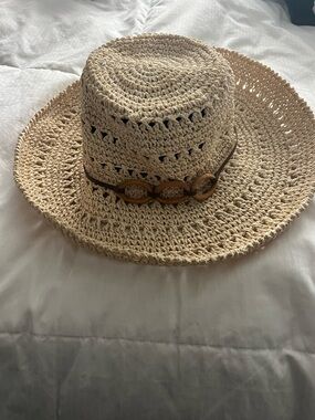 Woven Straw Sun Hat with Bracelet Accent - Neutral Beige